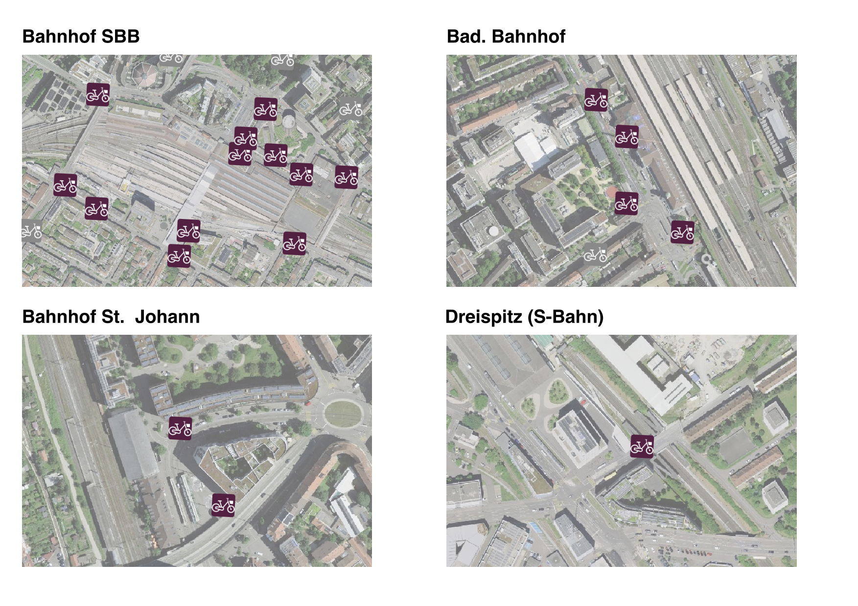 Definierte öV-Hubs: Bahnhof SBB, Bad. Bahnhof, Bahnhof St. Johann, Dreispitz (S-Bahn)